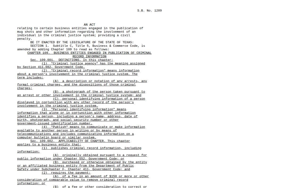 Washington County booking-record law reference from Texas Chapter 109