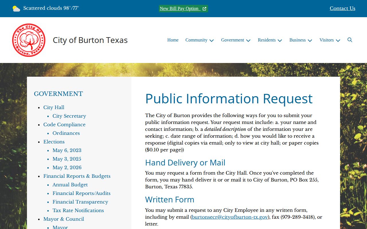 Burton public-record request page for municipal records