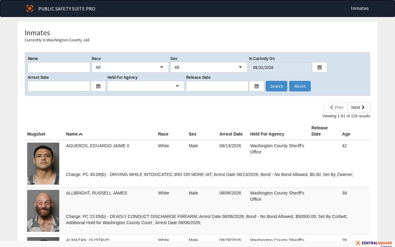 Washington County Jail current-custody roster search interface